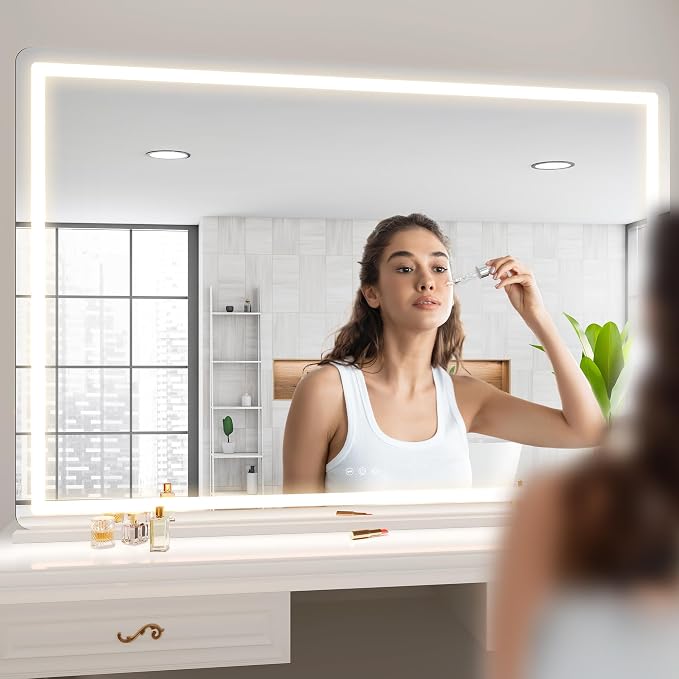 Hasipu Vanity Mirror with Lights, 50.2" x 34" LED Makeup Mirror, Lighted Makeup Mirror with Dimmable 3 Modes, Touch Screen Control Vanity Mirror Round White