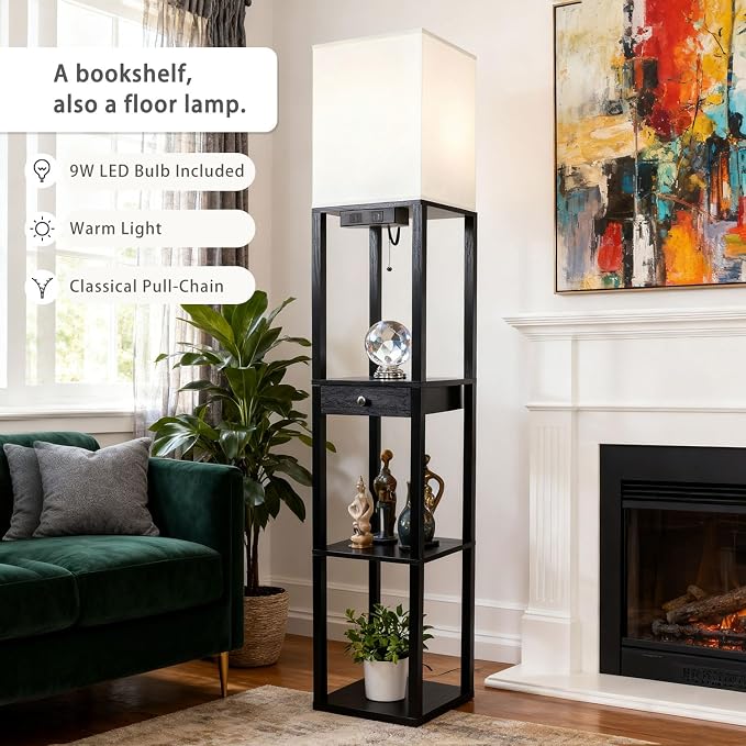 Shelf Floor Lamp with 1 Drawer,2 USB-C Ports,1 AC Outlets, Modern Wood Floor Lamp with Storage, Corner Display Standing Lamp for Living Room, Bedroom, Office