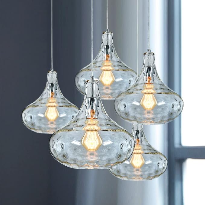 Hammered Glass Pendant Light, 11" Handblown Shade, Chrome Finish, Adjustable Hanging Cord, Vintage Ceiling Light for Kitchen Island, Dining Room, Hallway | Adjustable hanging cord, compatible with E26 bulbs, vintage pendant lighting for kitchen island,...