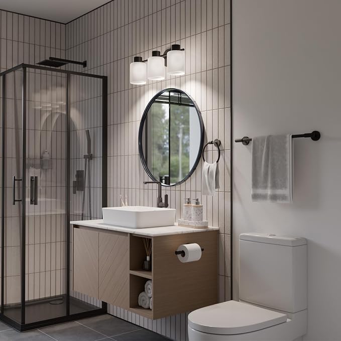 Globe Electric 4-Piece All-in-One Bathroom Set, Matte Black, 3-Light Vanity Light with Frosted Glass Shades, Towel Bar, Toilet Paper Holder, Towel Ring
