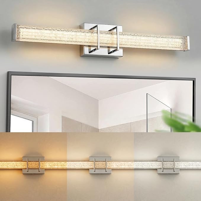 URSOLA 24" Modern LED Bathroom Light Fixtures, Chrome 3CCT Dimmable Bathroom Vanity Light Over Mirror, Bathroom Vanity Bath Bar Lights with Crystal Acrylic Shade