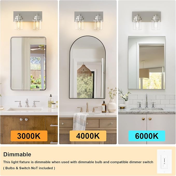 IZORRO Bathroom Vanity Light Fixture, 2-Light 15 Inch Brushed Nickel Bathroom Light Fixtures Over Mirror, with Clear Glass Shade, Modern Farmhouse Vanity Lights, Rustic Restroom Lighting Fixtures