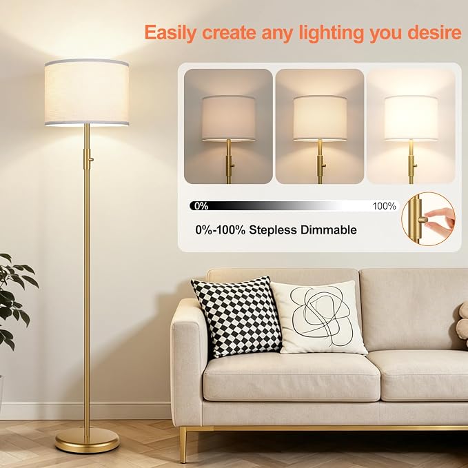 【Upgraded】 Dimmable Gold Floor Lamps for Living Room, 9W LED Bulb Included, Modern Standing Lamp with White Lamp Shade, Tall Pole Light for Bedroom Reading Office Corner Nursery
