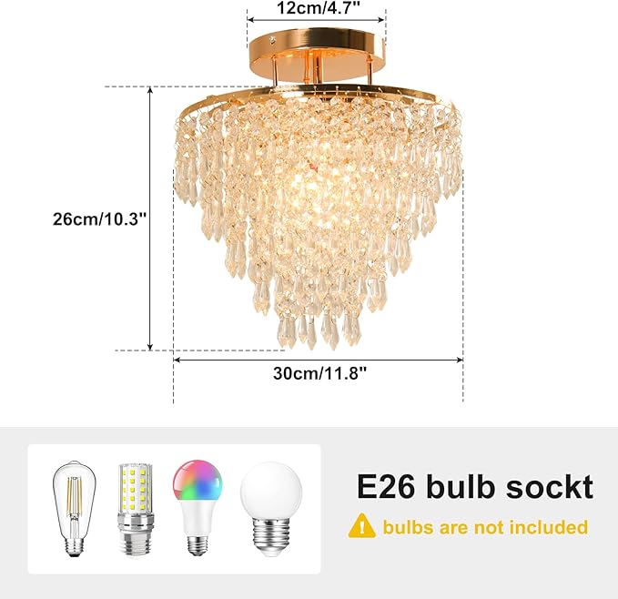 FRIXCHUR 11.8" Crystal Chandelier Gold Flush Mount Ceiling Light 5 Tiers Raindrops Crystals Pendant Lighting Fixture for Bedroom Hallway Living Room E26 Base