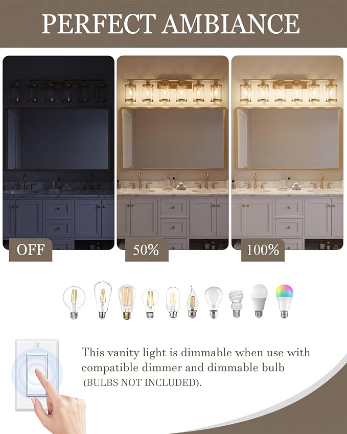 6-Light Brushed Gold Bathroom Light Fixtures Over Mirror with Clear Glass and Metal Cage Shade, 42" UL-Listed Modern Farmhouse Wall Sconce for Bath, Hardwire E26, OS-3014BG-6W