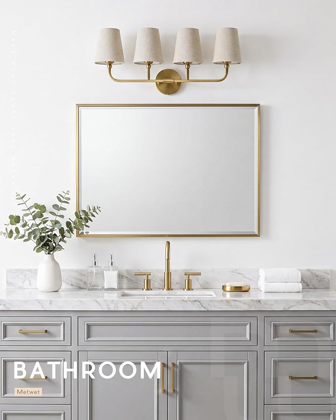 4-Light Brushed Gold Bathroom Vanity Light, Brown Linen Fabric Shade | 28 Inch gold bathroom light fixture over mirror, UL listed, E26 bulbs, hardwired, upward only, VL837-BG-L-4