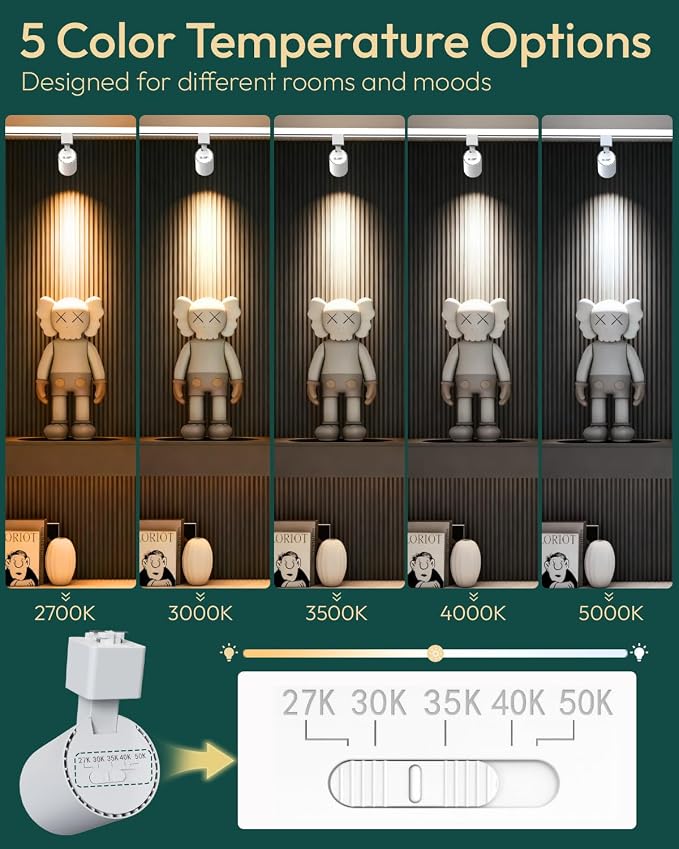 ALAMPEVER 6 Pack LED Track Lighting Heads, Dimmable J Type LED Track Lights with 5 Selectable Color Temperatures, 2700K/3000K/3500K/4000K/5000K, 10W, 800LM, 36°, Ideal for Home Commercial Use, White