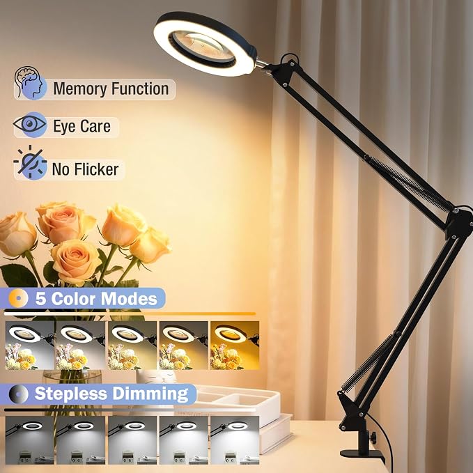 10X Magnifying Glass with Light and Clamp, Real Glass Stand Lighted Magnifier, 2*16 Arm 5 Color Modes Stepless Dimmable LED Desk Lamp Hands Free for Craft Hobby Reading Painting Close Work Large Black