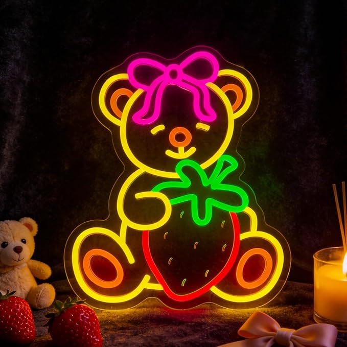 Strawberry Bear Neon Sign Girl Room Decor Led Neon Lights Signs for Wall Decor USB Powered Led for Room Decoration