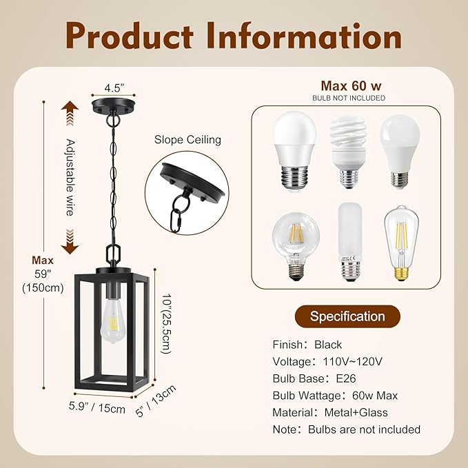 2 Pack 13" Outdoor Pendant Light for Porch,Black Lantern Hanging Chandelier with Adjustable Chain, Anti-Rust Exterior Hanging Ceiling Fixture for Hallway,Front Door,Entryway Patio.