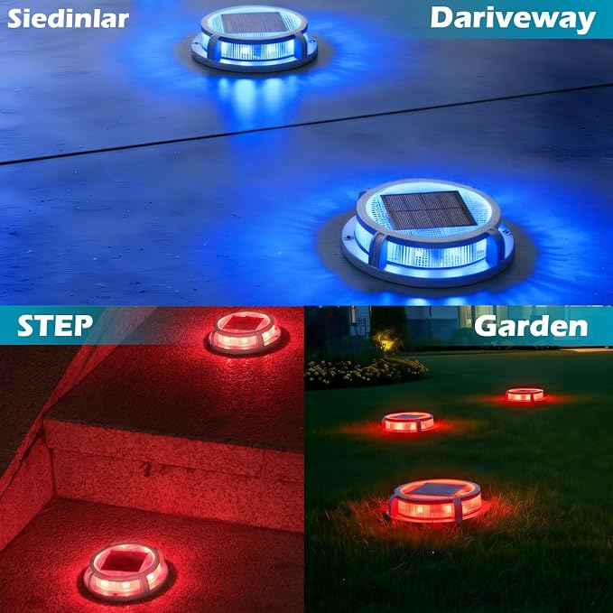 SIEDiNLAR Solar Deck Lights Outdoor 2 Modes 16 LEDs Driveway Markers Dock Light Solar Powered Waterproof for Ground Step Pathway Stair Walkway Garden Yard Road 1 Pack (Blue/Red)