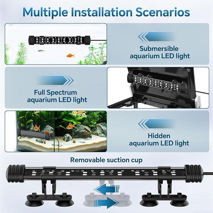 AQQA 15.16 Inch Submersible Aquarium Light, 24/7 Mode Fish Tank Light | 7 Adjustable Angles, 9 Color Options, 4 Rows Beads, Dimmable & Timer Control, IP68 Waterproof Full Spectrum Plant Light