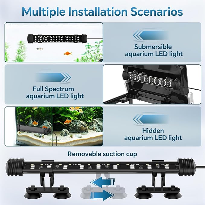 AQQA 19.09 Inch Submersible Aquarium Light, 24/7 Mode Fish Tank Light | 7 Adjustable Angles, 9 Color Options, 4 Rows Beads, Dimmable & Timer Control, IP68 Waterproof Full Spectrum Plant Light