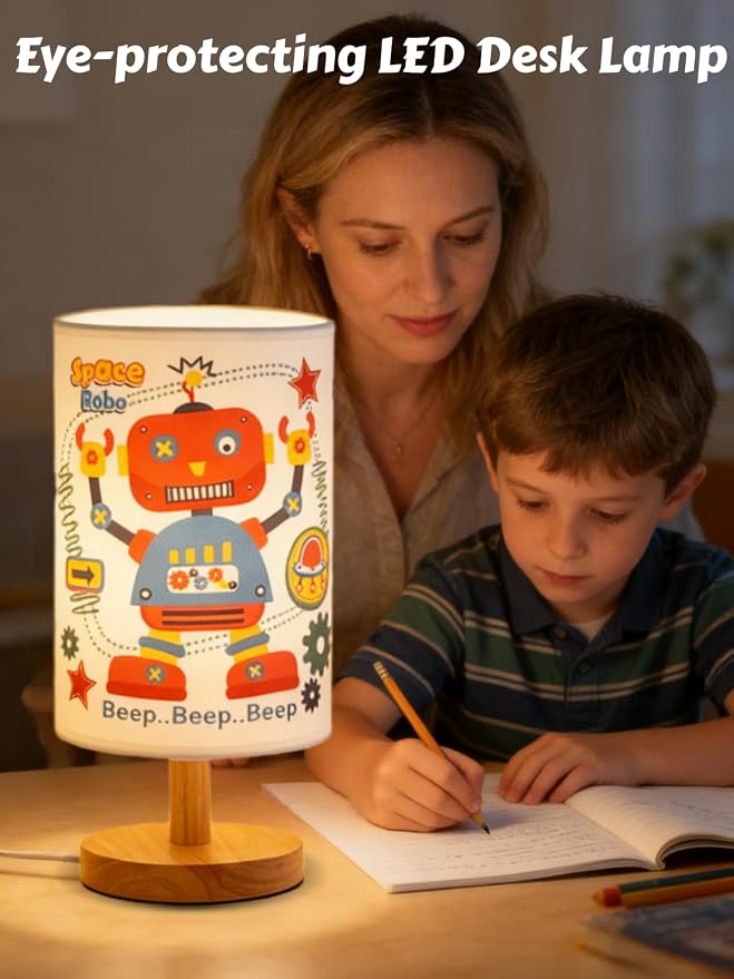Robot Kids Table Lamp for Bedroom Boys Bedside Lamps,3 Color Dimmable Nightstand Night Light with Cartoon Robot Lampshade and Wood Bas for Bedroom Living Kid Room Study for Practical Gift for Boys