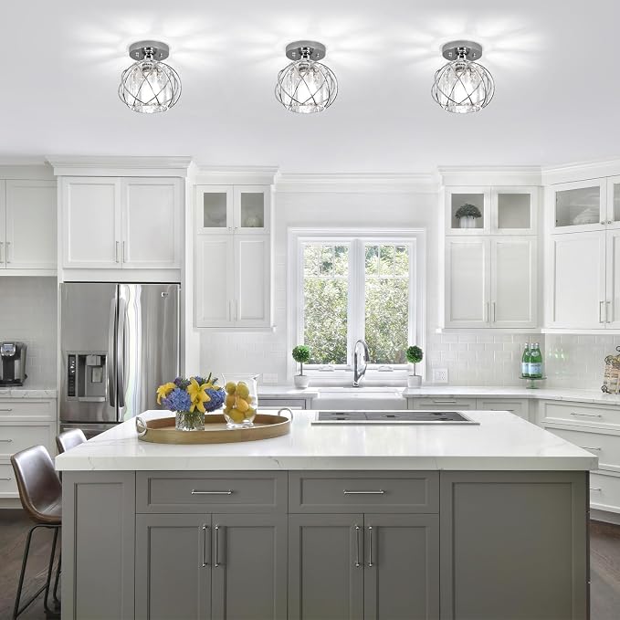Hallway Light Fixtures Ceiling,Modern Chrome Crystal Ceiling Lights Fixture, Semi Flush Mount E26 Small Hallway Lighting Fixtures Ceiling Light for Porch Entryway Foyer Bathroom