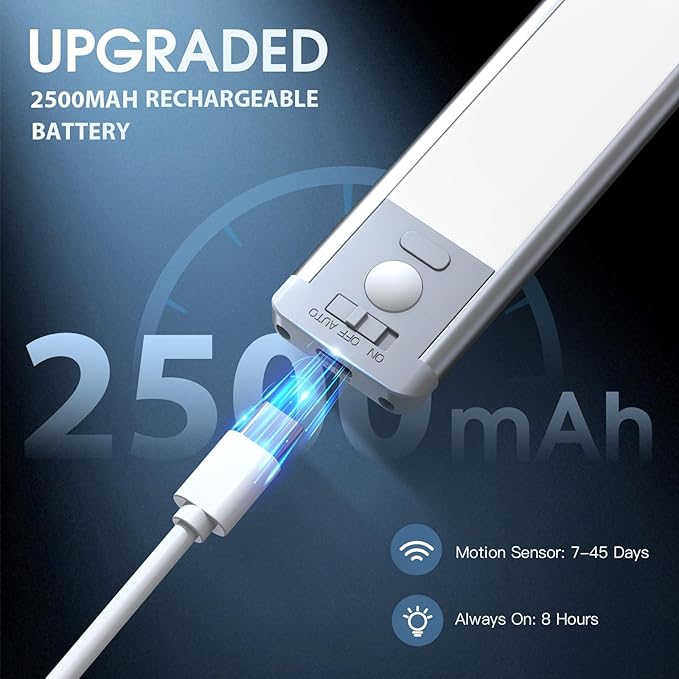 Under Cabinet Light,63 LED Rechargeable Battery Operated Motion Sensor Light Indoor, Magnetic Dimmable Closet Light, Wireless Under Counter Lights for Kitchen, One Light