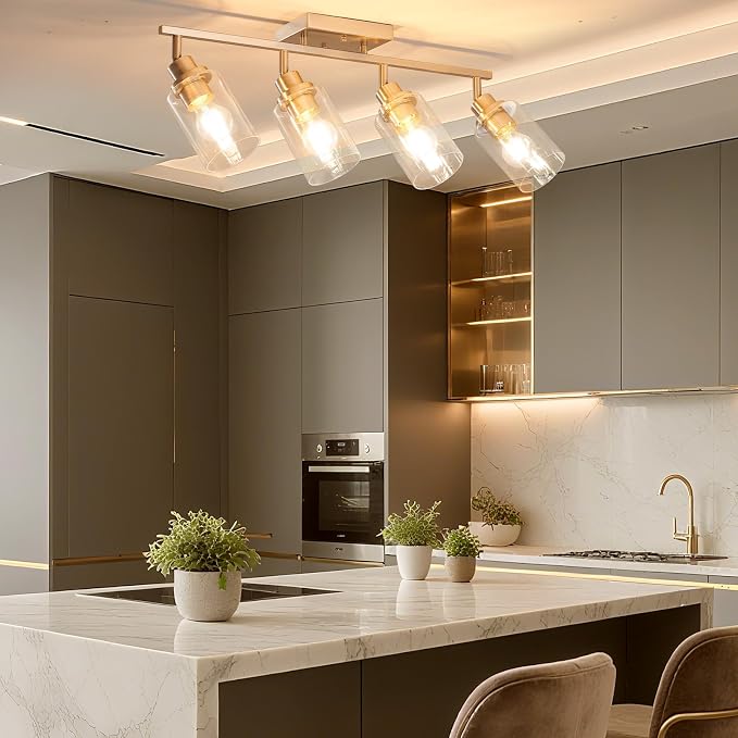 LOUSACE 4-Light Brushed Nickel Track Lighting Kit with Clear Glass, Modern Track Light Fixtures Flush Ceiling Mounted, Tracking Vanity Lighting Rotatable Spotlight for Kitchen Bathroom Accent Shop