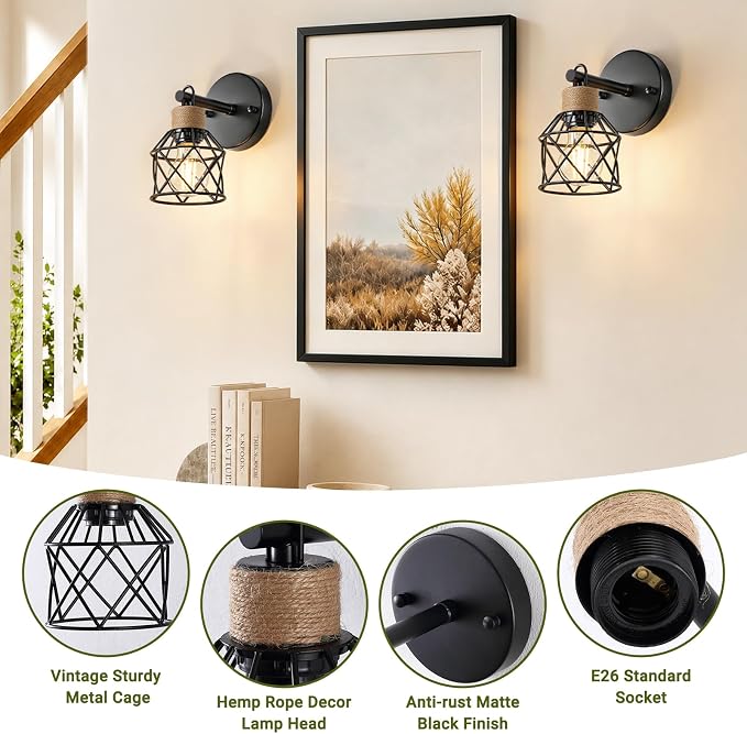Set of 2 Wall Sconces for Bathroom, Black Modern Vanity Lights with Metal Lampshade, Bathroom Wall Lamp for Mirror Kitchen Living Room Hallway Cabinet Porch, E26 Socket