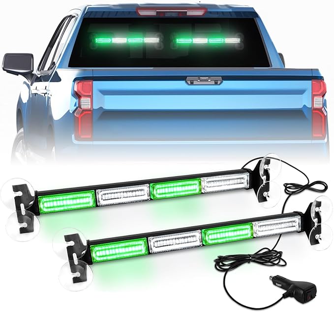 2 in 1 Traffic Advisor Light Bar Emergency Warning Flashing Safety Interior Windshield Strobe Lights for Construction Vehicles Snow plow Trucks, 2x17.7 Green/White