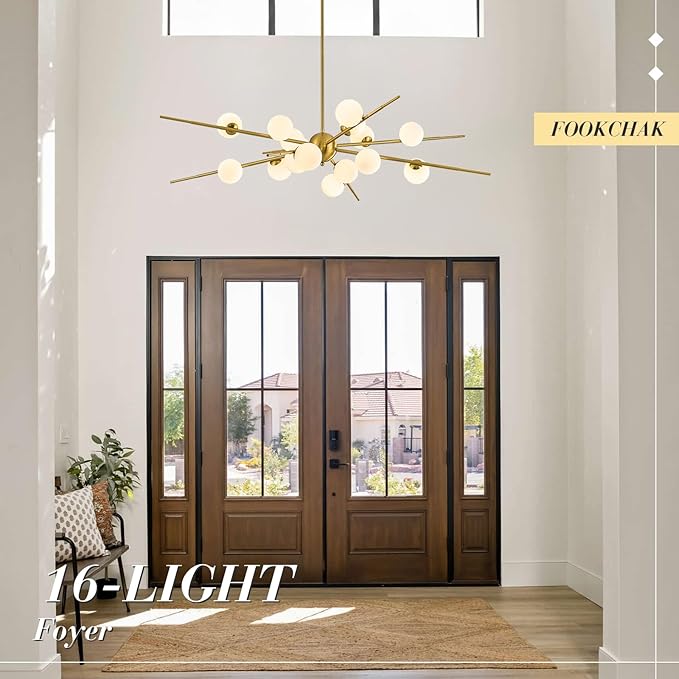 Large Gold Sputnik Chandelier 51in 16-Light Frosted Glass Chandelier Light Fixture Mid-Century Modern Molecular Chandeliers for Large Living Room Dining Room Foyer Kitchen Bedroom