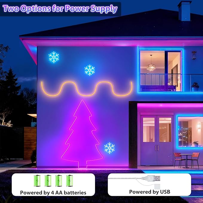 OMIKA 10FT Neon Rope Light Battery Operated, RGB &Warm White Cuttable Lights with USB, Outdoor LED Strip Lights Waterproof for Wall Bedroom Outside Indoor Christmas Décor