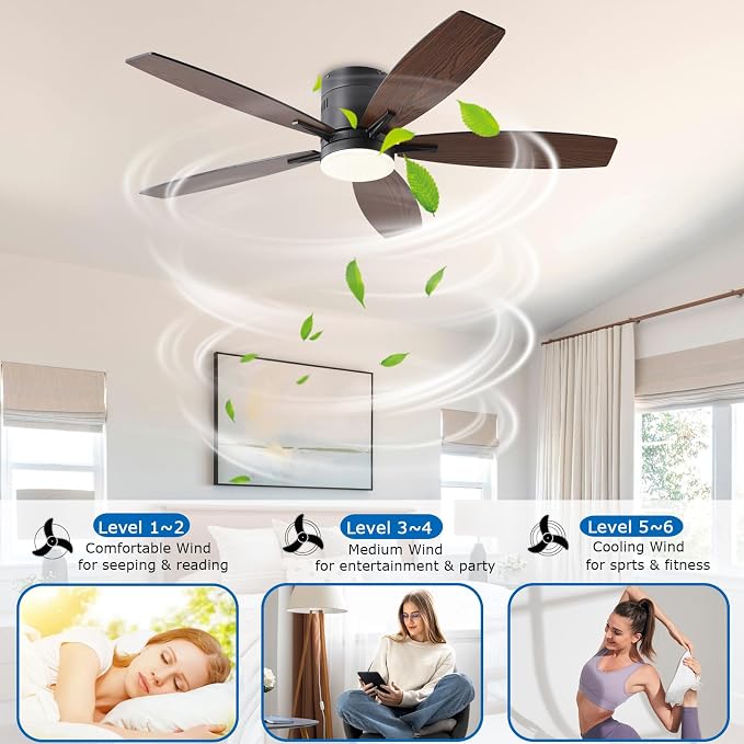 KNUN 51 inch Ceiling Fan with Light and Remote/App Control, Flush Mount Low Profile, Reversible DC Motor, Brown Modern Ceiling Fan with Light, Dimmable,Noiseless,for Bedroom Living Room