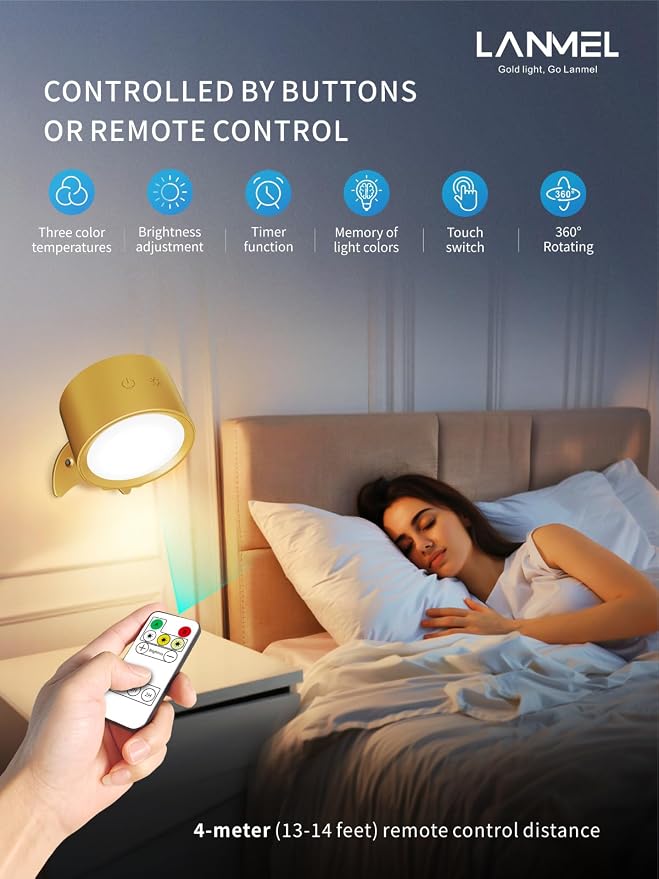 LANMEL LED Wall Mounted Lights,360° Rotating Rechargeable Wall Sconce Lamp | Gold,3CCT,Dimmable,with Remote & Touch Control,USB Wireless Wall Lamp, Suitable for Study,Bedroom,and Bedside Reading