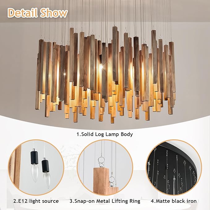 12 Light Wood Chandelier Light Fixture Boho Pendant Light Rustic Large Hanging lamp for Farmhouse Living Doom Entryway Entrance Dinning Room Foyer Kitchen
