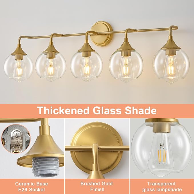Farmhouse Bathroom Vanity Light Gold 5-Light Vanity Light 39" | Modern Vanity Lighting Fixtures Over Mirror, Thickened Clear Glass Shade, UL E26 Dimmable Vanity Light Fixtures