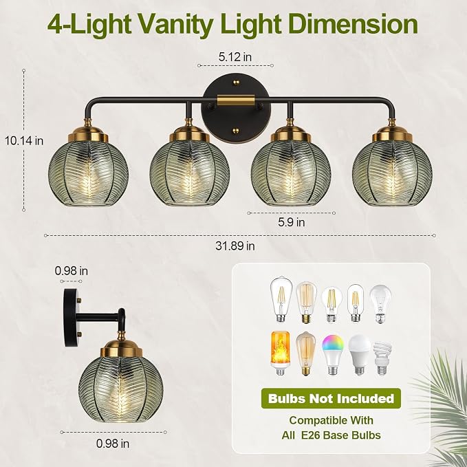 MOKATNG Bathroom Light Fixtures, 4-Light Green Vanity Lights with Unique Leaf Texture Glass Shade, Modern Matte Black and Gold Bathroom Wall Lamp for Mirror Hallway Cabinet Living Room