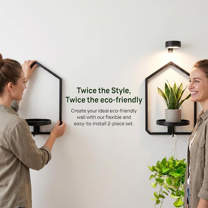 2 Pack Wall Mounted Plant Shelf with Grow Light, Hanging Plant Shelf | Floating Plant Wall Shelf Decor with Wireless Rechargeable LED Plant Light & Remote Control for Bedroom Living Room Apartment