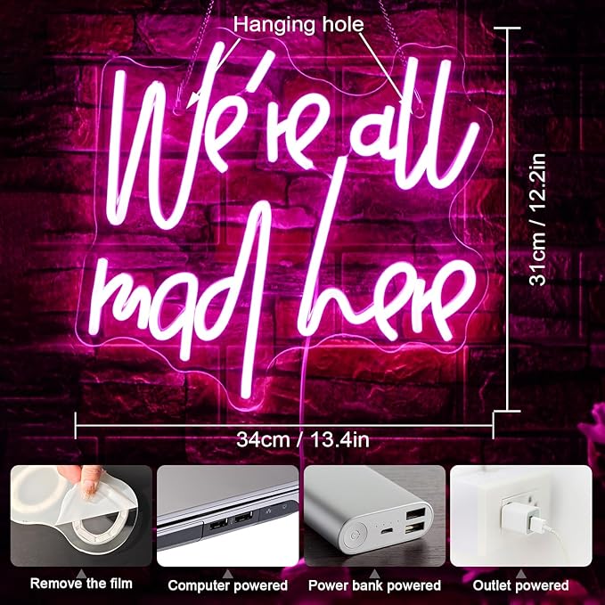 WLHOPE We're All Mad Here Neon Sign Pink Neon Signs for Wall Decor Alice In Wonderland Party Decorations Connectivity Via Neon Light for Bedroom Home Dorm Wedding Party Bar Pub Salon Christmas Gifts