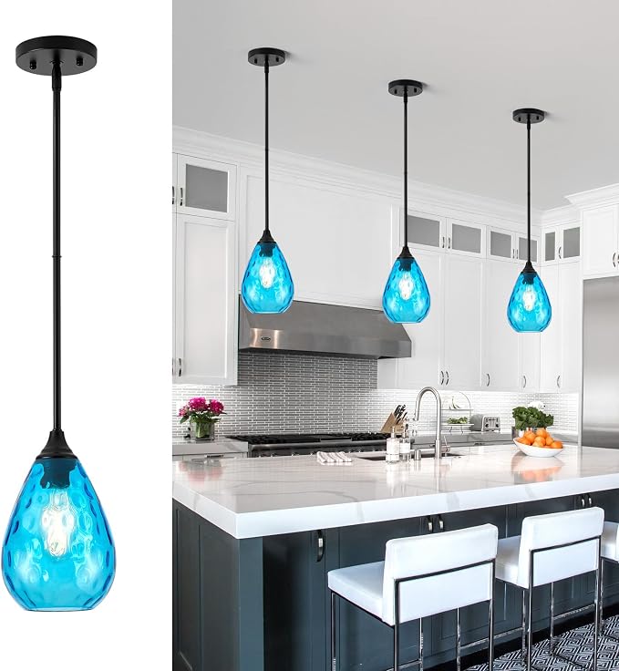 Glass Pendant Lights Kitchen Island, 1-Light Modern Black Pendant Light Fixtures with Blue Hammered Glass and Rods, Small Hanging Light for Kitchen Sink Dining Room Bathroom