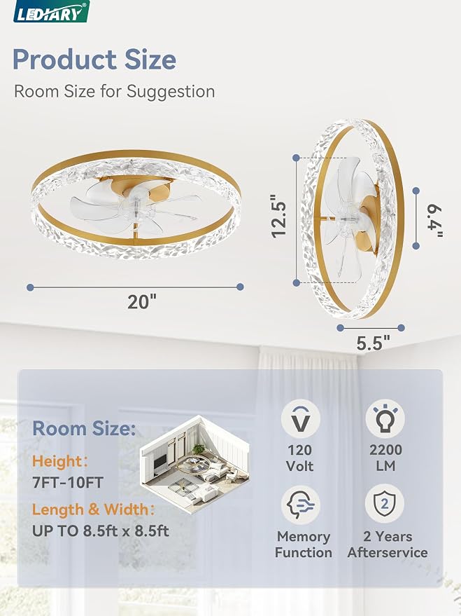 LEDIARY 20" Modern Ceiling Fans with Lights and Remote, Dimmable Low Profile Ceiling Fan, Flush Mount Fan, Stepless Color Temperature Change and 6 Speeds - Gold | Fandelier, Dimmable Low Profile, Flush Mount, Stepless Color Temperature Change, 6 Speeds...
