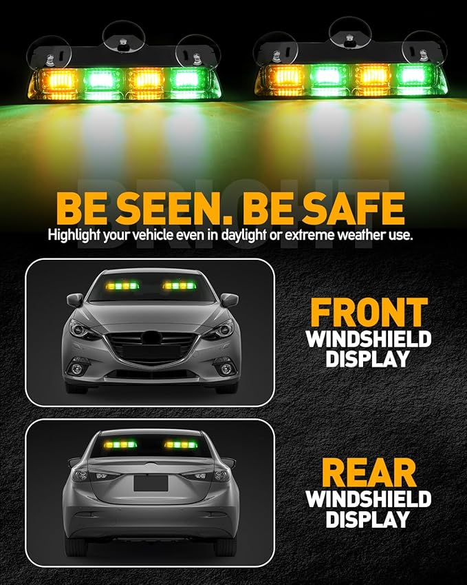 HLauto 2002L Emergency Dash Strobe Lights: Amber Green Safety Lights, Flashing Warning Hazard Windshield Visor Traffic Light Bars for Trucks, Construction Vehicles (2x8.5 inch, 48LED)