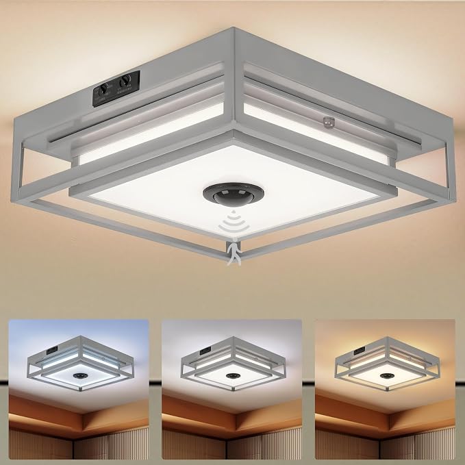 Gray Motion Sensor LED Outdoor Ceiling Light 10.5" Square Dusk to Dawn | Flush Mount, Built-in LED, Color Changing, Energy Saving, Waterproof, Bug Resistant, for Exterior Porch Garage Entryway Patio