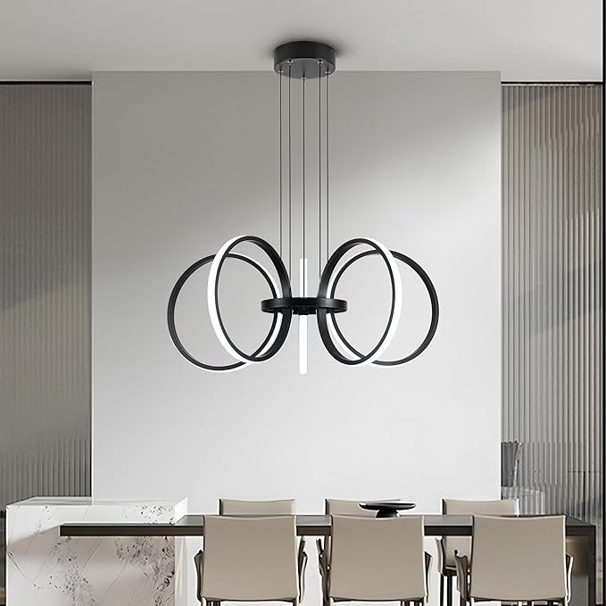 Mayful Modern LED Chandelier, Black Pendant Light with 5 Rings, Adjustable Height Modern Chandeliers for Dining Room Living Room Kitchen Bedroom Entryway,6000K Daylight