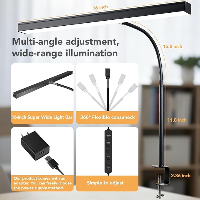 LED Desk Lamp with clamp, Remote Control Desk Lamp, 5 Color Modes & 10 Brightness Levels, 17'' Wide Light Bar, Eye Caring Gooseneck Desk Light, Adapter Included