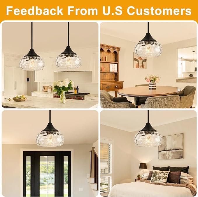 Modern Pendant Lights Kitchen Island, Matte Black Pendant Light Fixtures with 8.5" Clear Hammered Glass Shade, Industrial Hanging Pendant Lights Fixture for Kitchen Island Dining Room Entryway 1 Pack