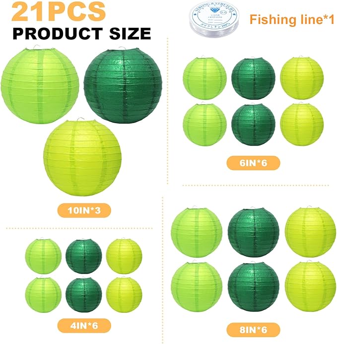 21 Pcs Green Paper Lanterns Party Decorations, 4/6/8/10 Inch Hanging Paper Lanterns for St. Patrick's Day, Tropical Jungle Theme, Wedding, Baby Shower, Graduation, Birthday Party Football Theme Decor