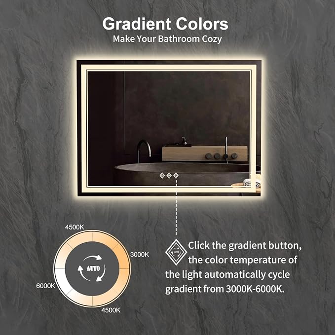 LED Mirror for Bathroom, 48x36 Inch Gradient Front and Backlit Bathroom Mirror, 3 Colors Dimmable CRI>90 Double Lights, IP54 Enhanced Anti-Fog, Hanging Plates Wall Mount LED Vanity Mirror