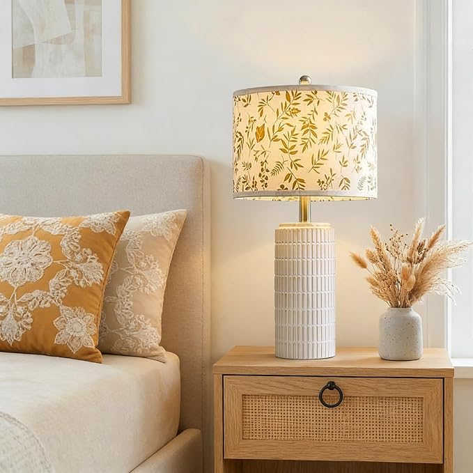 PoKat 23'' Dried Flowers Table Lamp for Bedroom Nightstands, Birthday Gifts for Women Mom, House Warming Gifts New Home Decor, Ceramic Lamp for Living Room Nursery, Modern Bedroom Lamp for Dresser