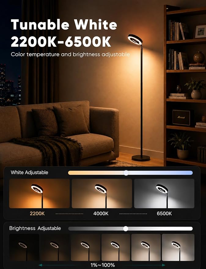LED Floor Lamp RGBCW, 48W Torchiere Lamp 74 Inch, Ambient Lighting | Dual-Sided, Modern, Dimmable, Color Changing Corner Light for Living Room/Bedroom/Reading/Working, Alexa Compatible, Black