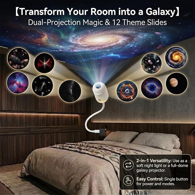 2-in-1 Galaxy Ocean HD Smart Dynamic 5D Holographic Night Light Projector | Plug and Play, USB Portable, Adjustable Brightness, 360° Rotating Design, Star Starry Sky Mini Projector for Bedroom Ceiling