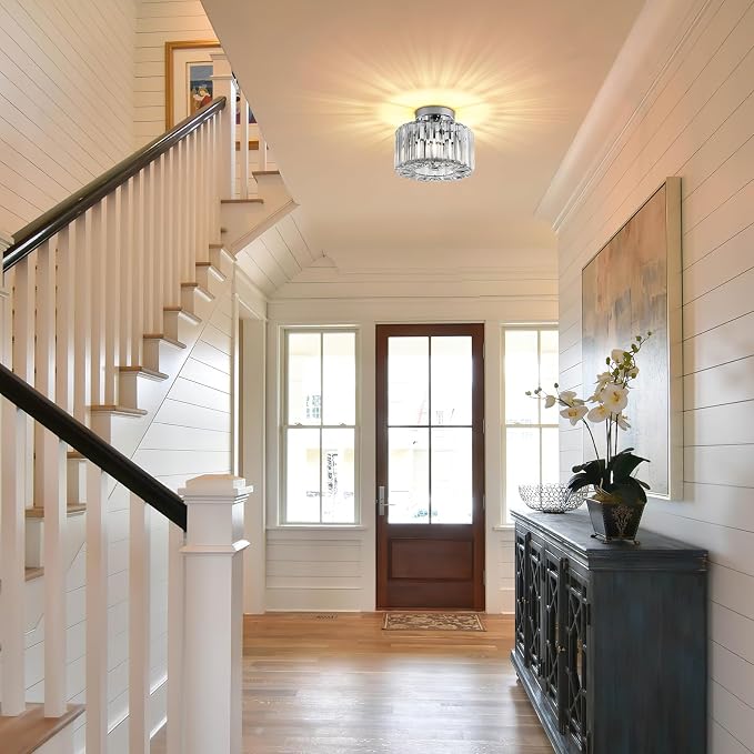 FRIDEKO HOME Crystal Ceiling Light - Small Crystal Chandelier Semi Flush Mount Ceiling Light Fixture Modern Lights for Hallway Bathroom Kitchen Entryway (9.05 Inch, Bulb not Included)