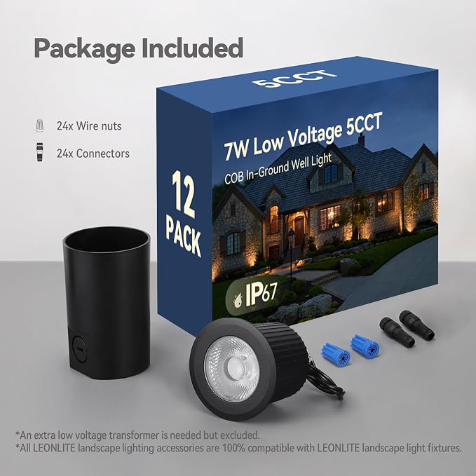LEONLITE 12-Pack 7W 5CCT Well Lights In Ground Outdoor, Black | 12-24V AC/DC, CRI90, IP67, 2700K/3000K/3500K/4000K/5000K, Low Voltage Garden Landscaping, Embedded Parts Included, Aluminum