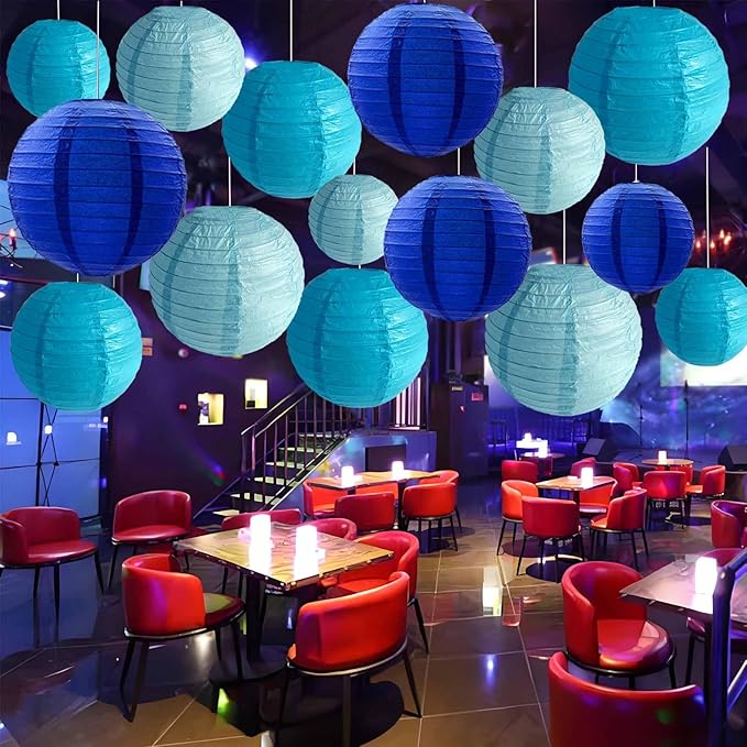Blue Paper Lanterns 12Pcs Hanging Round Paper Lanterns Decorative for Graduation Baby Shower Wedding Birthday Family Parties ﻿