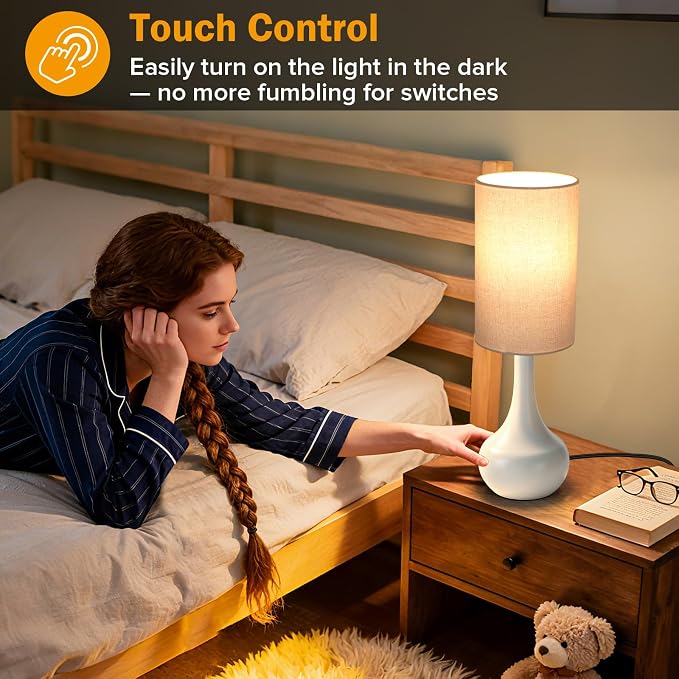 Touch Bedside Lamp for Nightstand,3-Way Dimmable,Space Saving & No Assembly Required, Upgraded Small Droplet White Table Lamp for Bedroom, Living Room (LED Bulb Included)