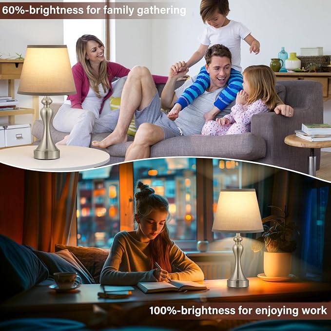 Touch Lamps for Nightstand, 3 Way Dimmable Bedside Lamps with USB C+A Ports | Touch Control, LED Bulb Included, Small Silver Table Lamp for Bedroom, Night Stands, End Table, Gift，Corded，Grey Shade