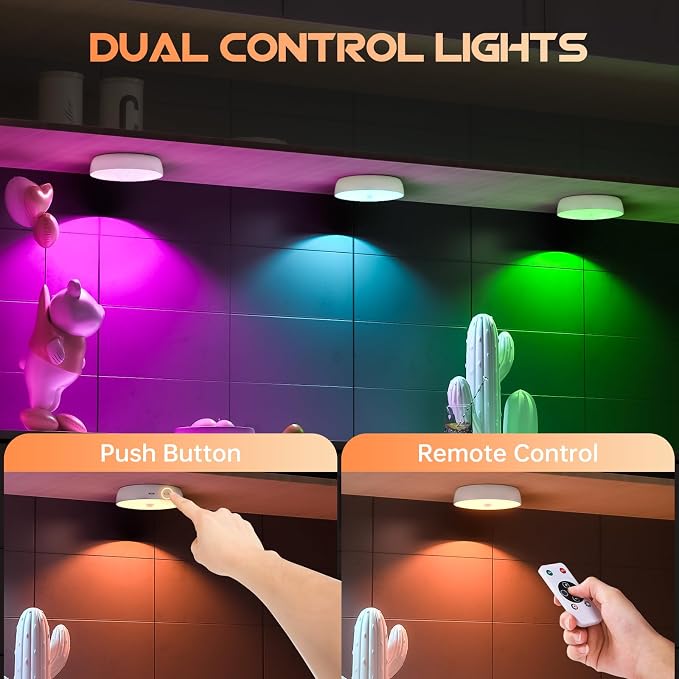 Motion Sensor Closet Lights, USB-C Rechargeable Under Cabinet Puck Lighting with RGB & 3 Color Temperatures, Dimmable Battery Powered Step Lights for Kitchen, Stairs, Wardrobe